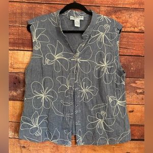 Lauren Michelle Denim Floral Embroidered Sleeveless Button Top 100% Cotton XL